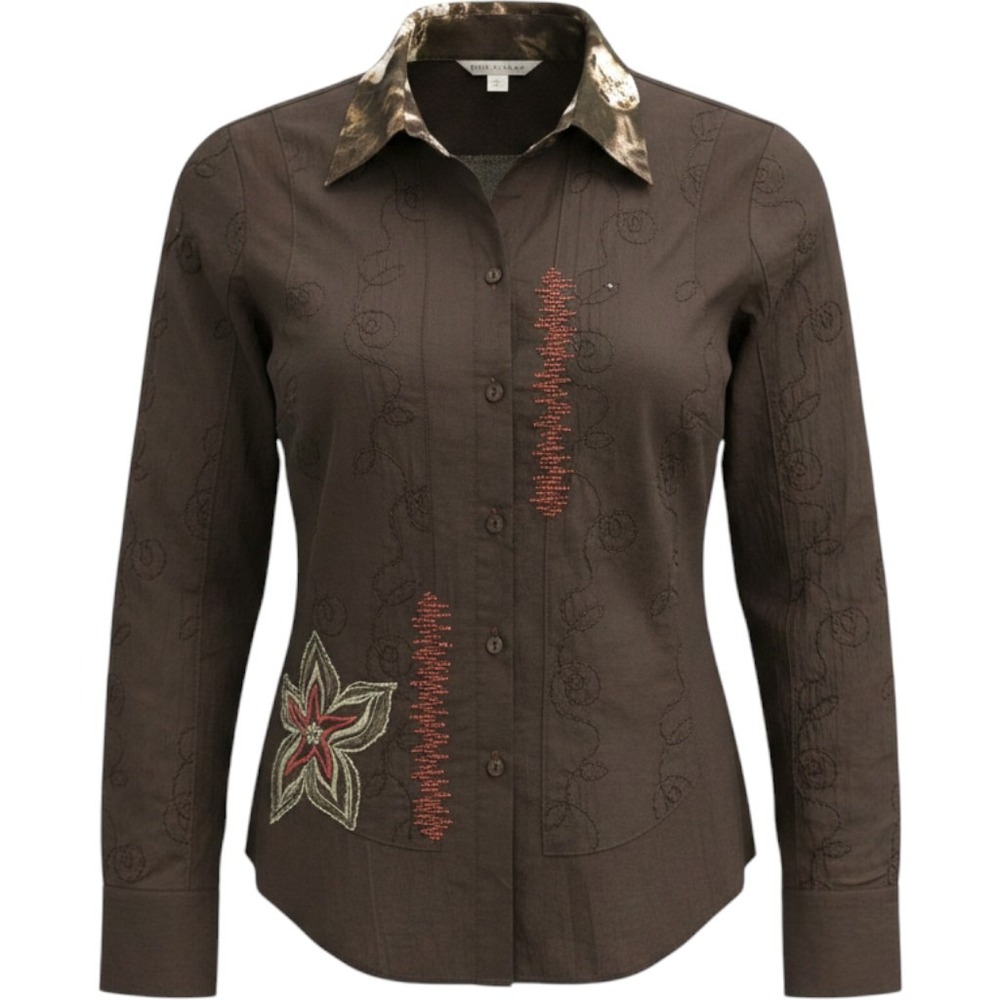 Taifun Womens Brown Embroidered Floral Button Up Shirt Long Sleeve Size 6 US EUC